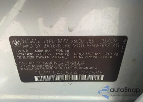 2010 BMW X5 xDrive30I z USA, uszkodzony, nr VIN 5UXFE4C52AL277595
